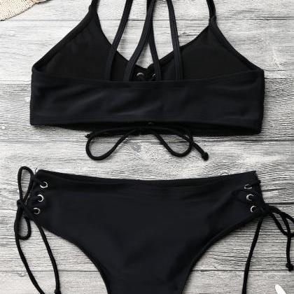 Strappy Lace Up Bralette Bikini Set - Black S on Luulla