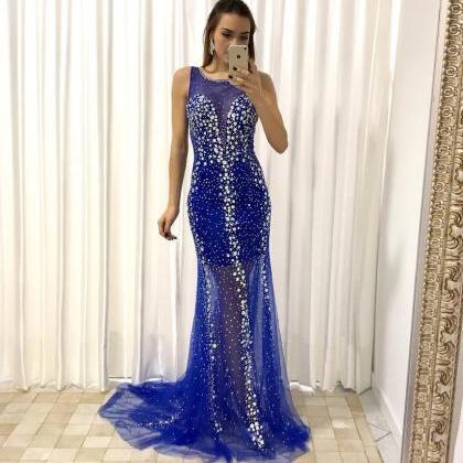 Luxury Crystals Beaded Royal Blue Tulle Mermaid Evening Dress Pageant ...