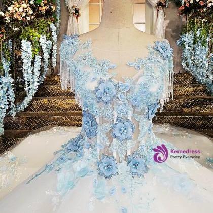  ivory wedding dress with blue lace..