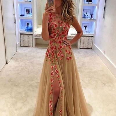 Unique champagne tulle applique long prom dress,Fashion Prom Dress,Sexy Party Dress,Custom Made Evening Dress