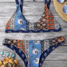 Patchwork Print Bralette Scoop Bikini Set - Floral M
