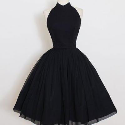 Black High Halter Neck Short Skater Dress, Little Black Dress