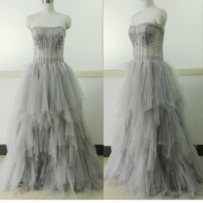 Light Gray Strapless Unique Vintage Formal Ball Gown Prom Dresses