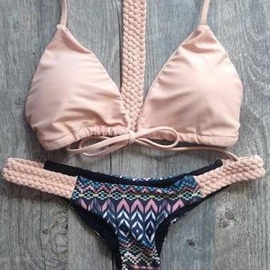 Sexy Tribal Print T Strap Pink Bikini Set