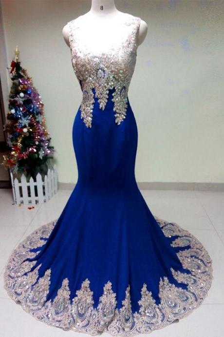 Illusion V Neck Royal Blue Prom Dress With Silver Appliques On Luulla