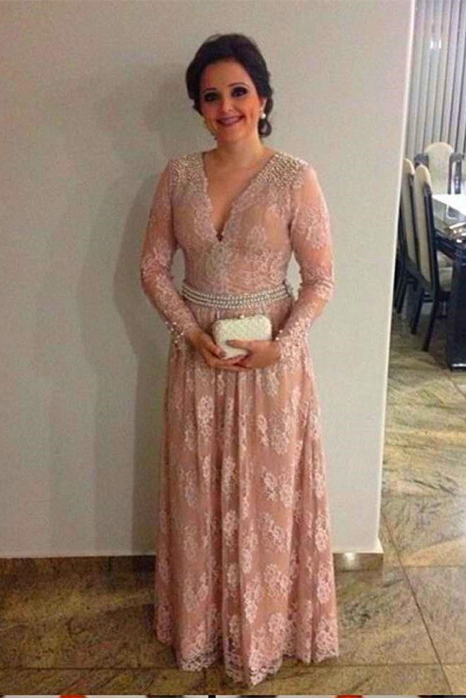2017 V Neck Lace Liques Pearls Elegant Long Sleeve A Line Mother Of The Bride Dress
