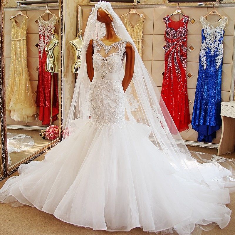 Custom White Bridal Gown Hand Beaded Mermaid Lace Wedding Dress On