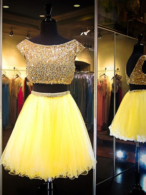 Yellow two piece short sale prom dresses