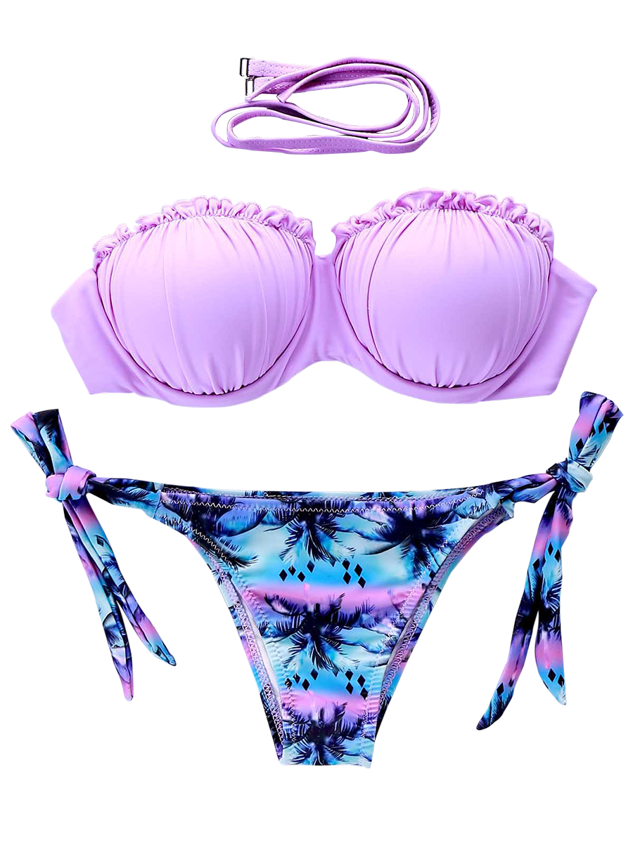 Coconut Palm Print Strapless Bikini Set Purple M on Luulla