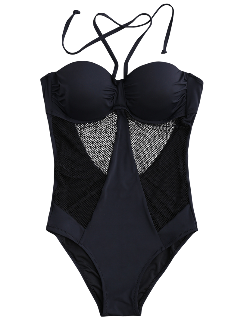 High Cut Mesh Panel Bandeau Swimsuit Black L on Luulla