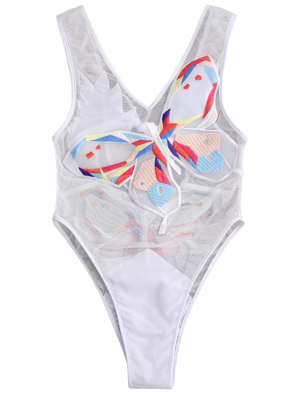 Embroidered Mesh One Piece Lingerie Swimsuit - White S on Luulla