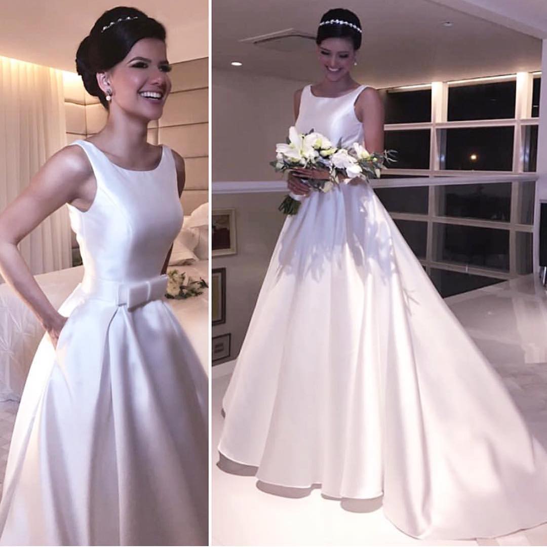 Cheap Wedding Dresses 2017 Puffy Satin Scoop Neck Long Backless