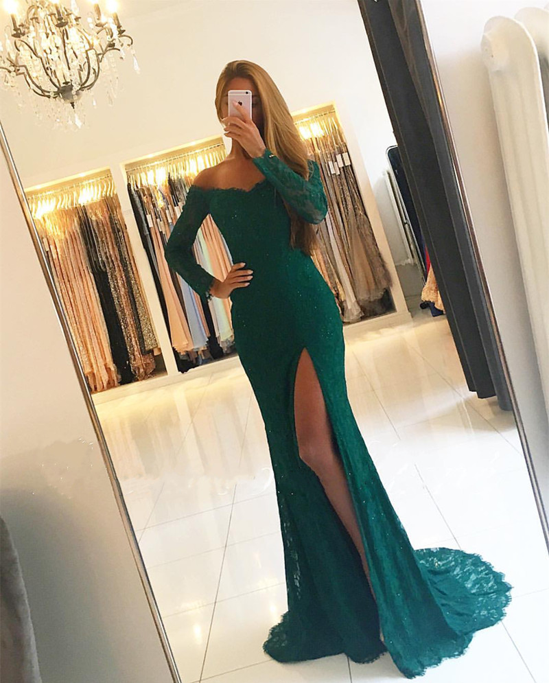  Emerald  Green  Prom  Dress  lace Evening Gowns  long  Sleeves  