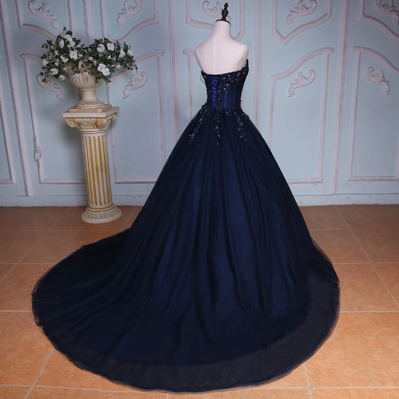 Navy Blue Sweetheart Beaded Applique Tulle Quinceañera Dress With ...