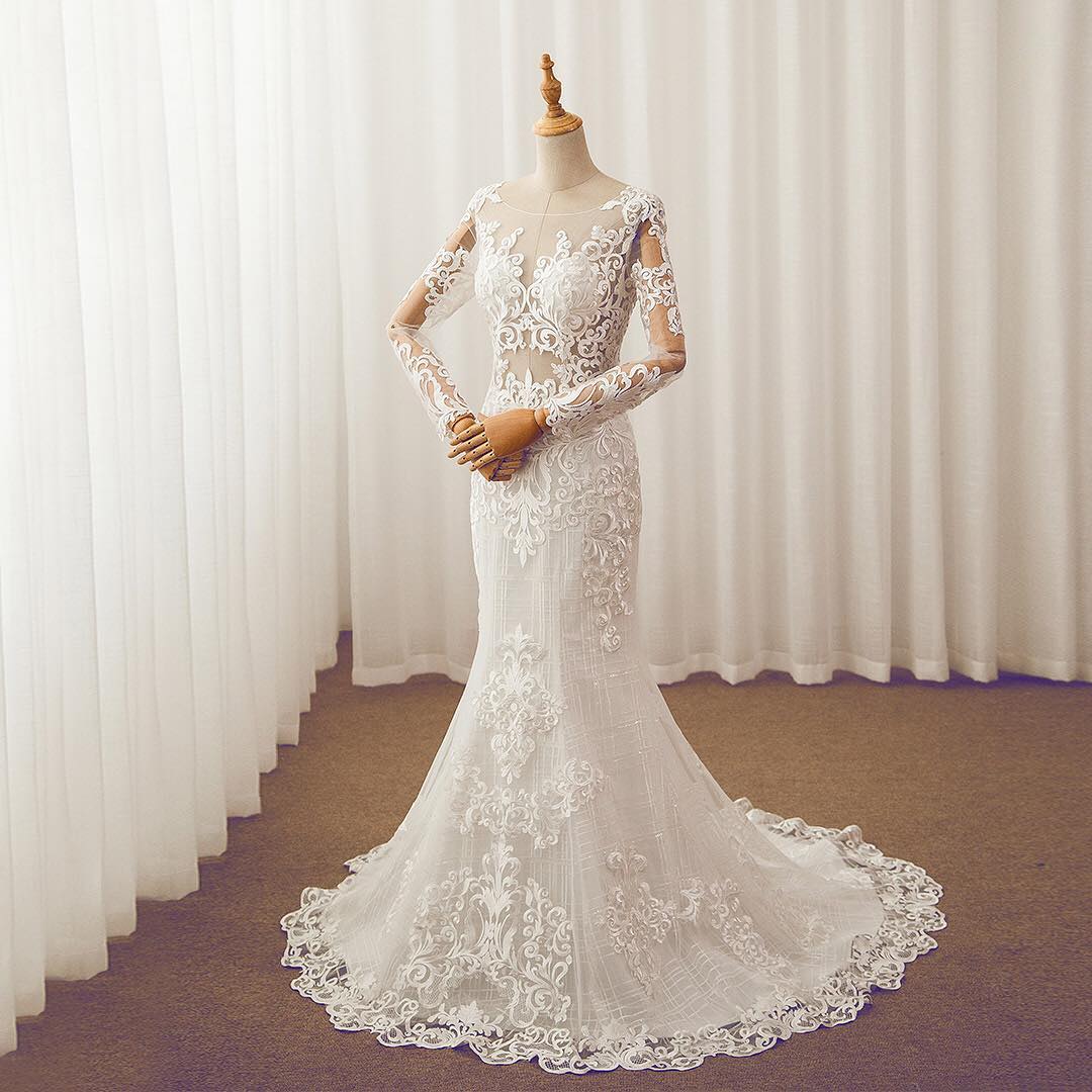 Sheer Lace Appliqués Mermaid Wedding Dress With Long Sleeves And Court Train On Luulla 0201