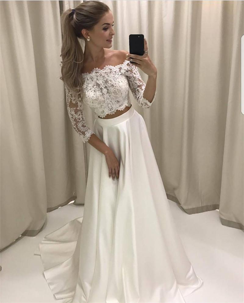 Two Piece Short Sleeves White Long Prom Dress Evening Dress On Luulla