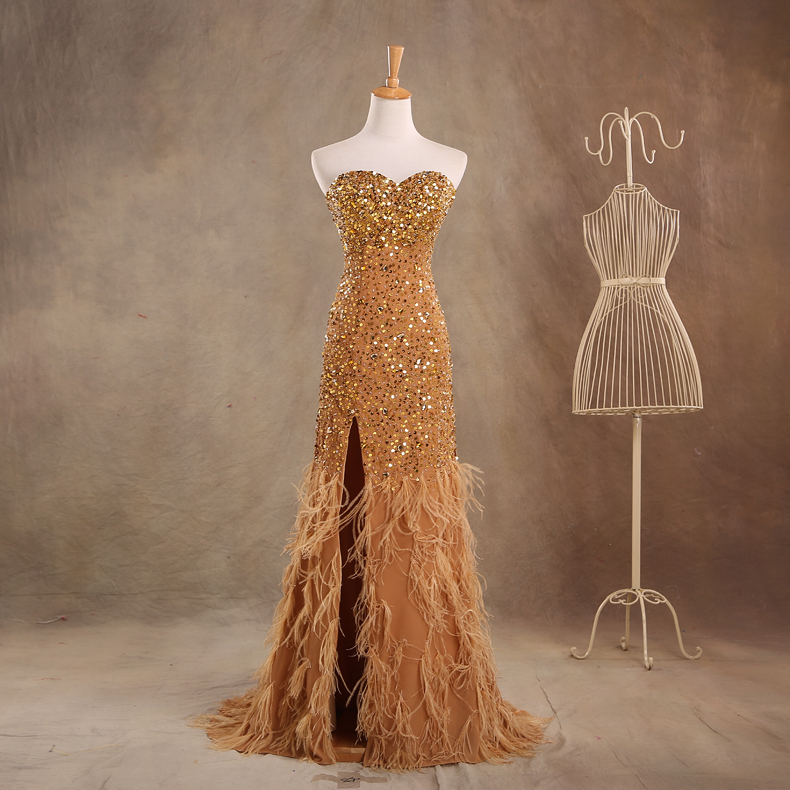 Featherembellished Long Evening Dress With Side Slit Cocktail Dress, Prom Dress, Formal Dress