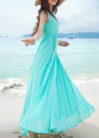 Fashion New Round Neck Empire Waist Maxi Chiffon Beach Dress  Light