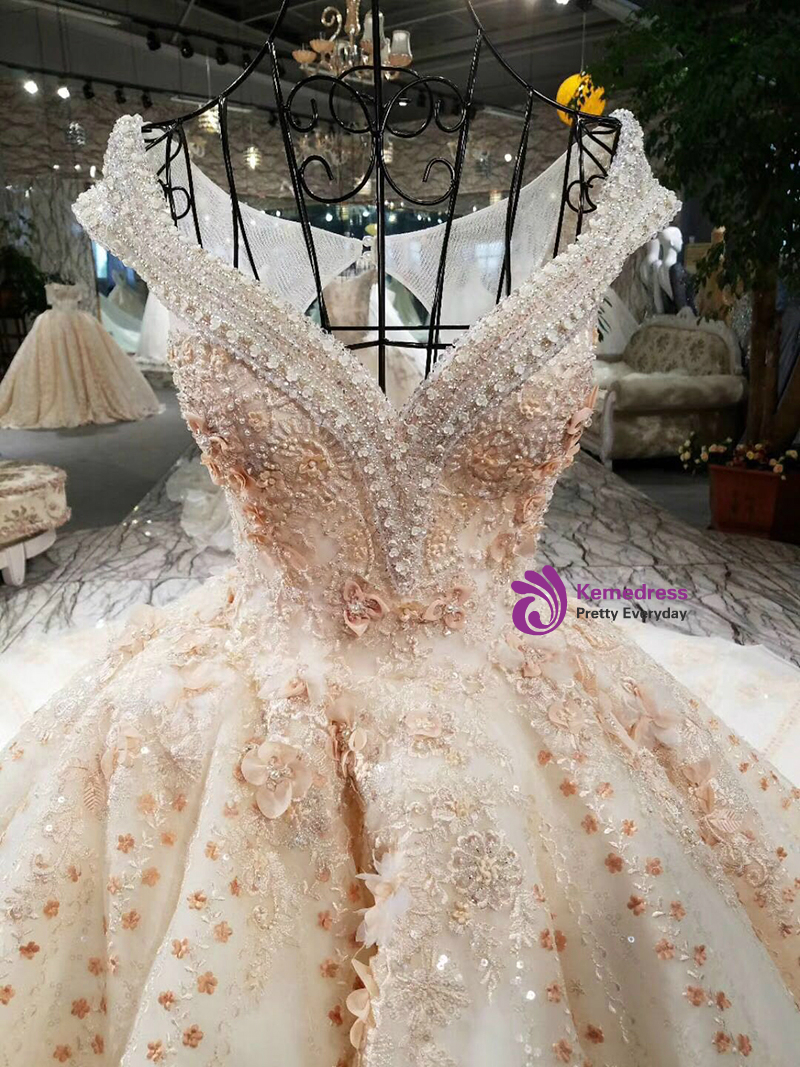 Luxury Wedding Dress Beading Ball Gown Off The Shoulder Lace Up Flowers ...