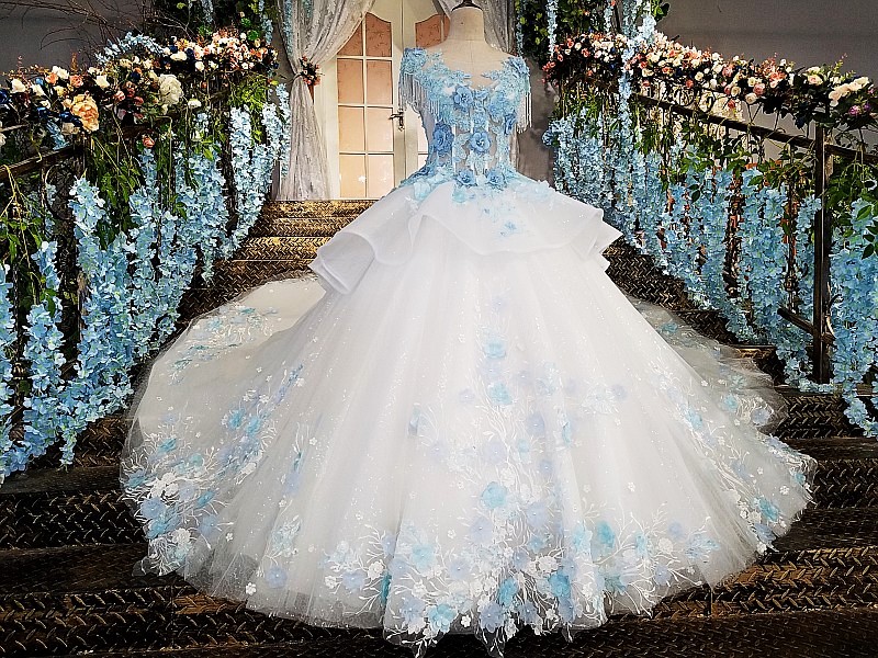  ivory wedding dress with blue lace flowers online shop 