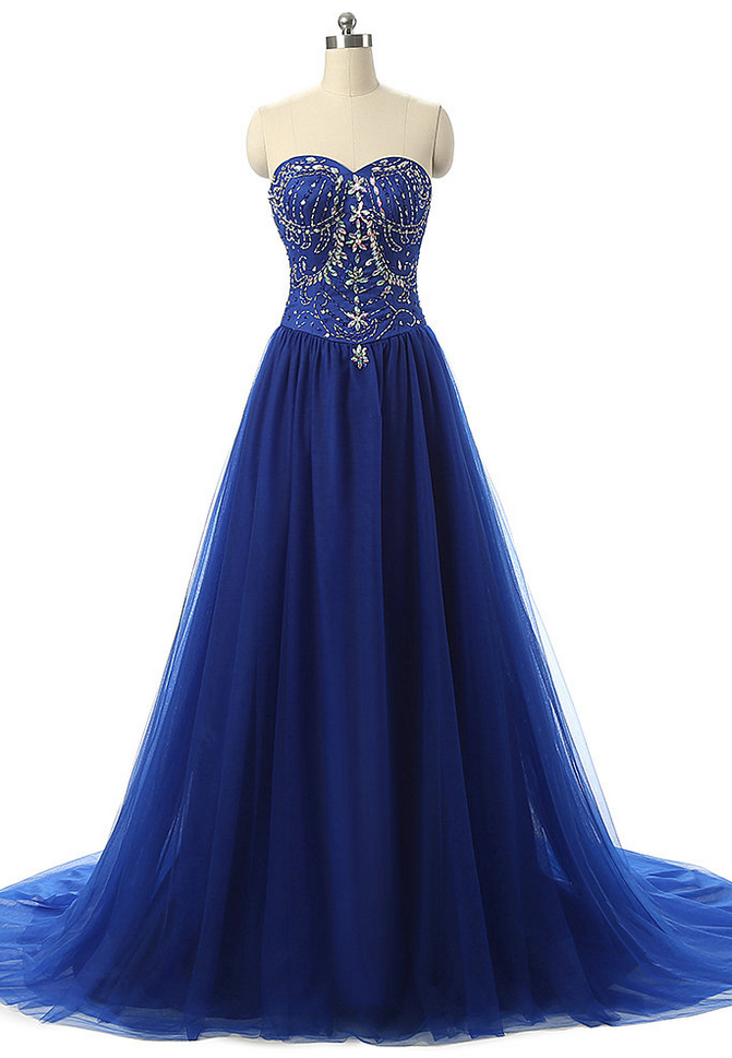 Royal Blue Beading Tulle Long Prom Dresses Pretty Sweetheart
