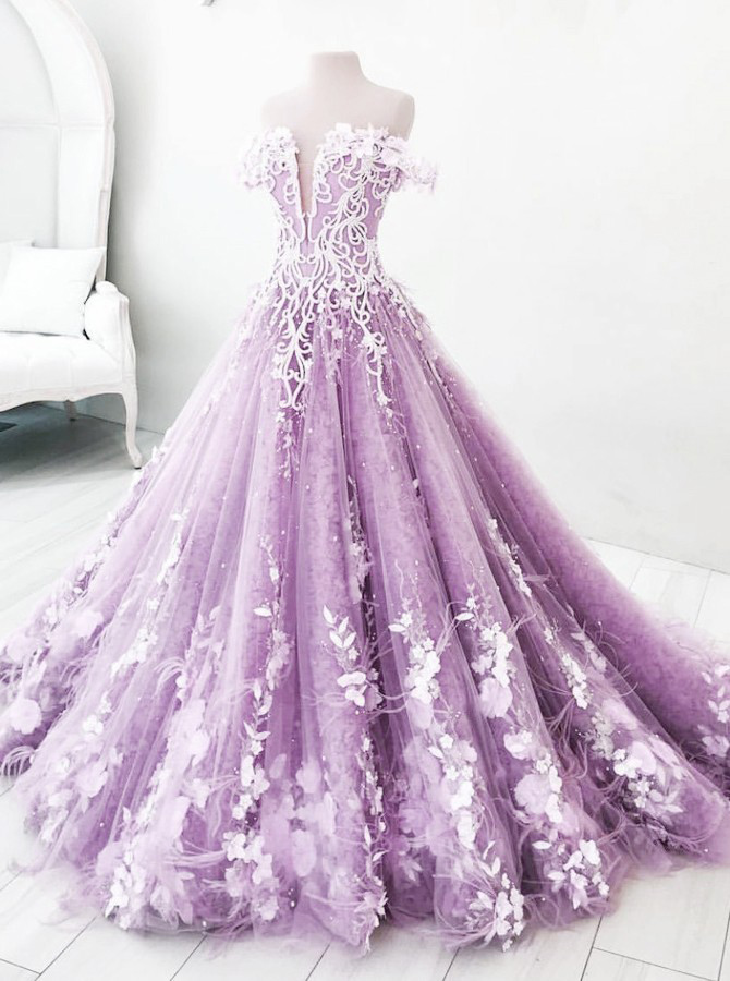 off the shoulder tulle ball gown