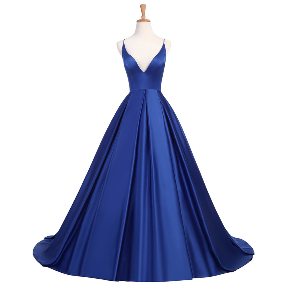 Royal Blue Evening Dresses Long V Neck Open Back Evening Gown