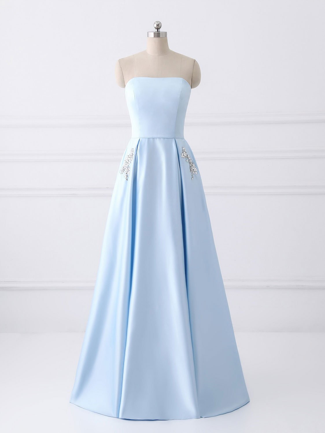 A Line Strapless Long Cheap Prom Dresses With Pocket Light Blue