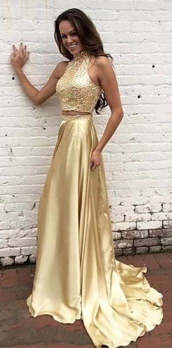 Gold Two Piece Prom Dress