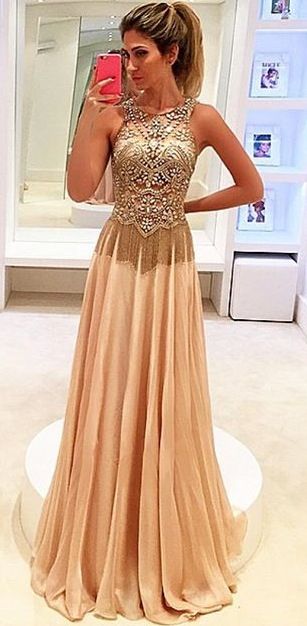 Champagne Long Prom Dress Beading Chiffon Long Evening Dress