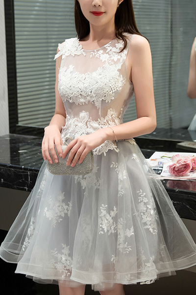 Homecoming Dress Sexy Tulle Short Dress Scoop Sleeveless Lace