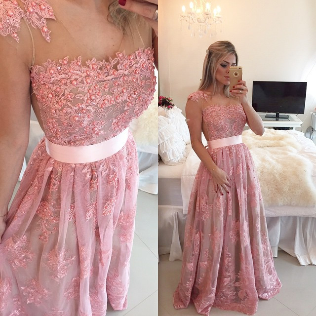 pink evening gowns with sleeves