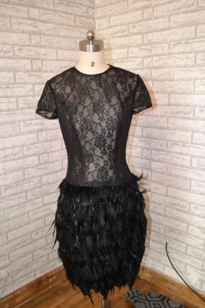 Black Prom Dress,lace Prom Dress,short Sleeves Prom Dress,short Sleeves Prom Dress, Formal Prom Dress,feather Prom Dress,mother Of The Bride