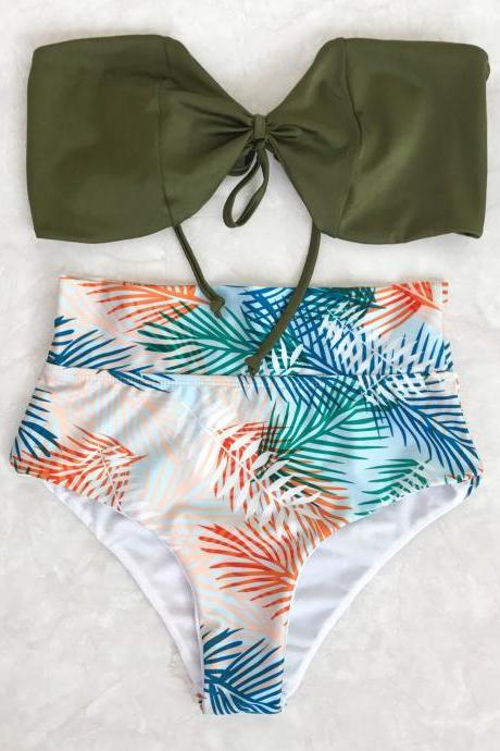 Tropical Bandeau High Waisted Bikini Set - Leaf M