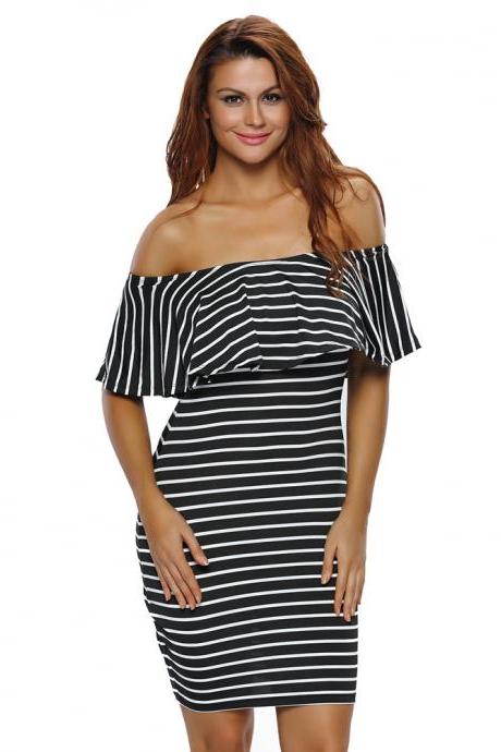 Sexy Boat Neck Stripe Mini Dress