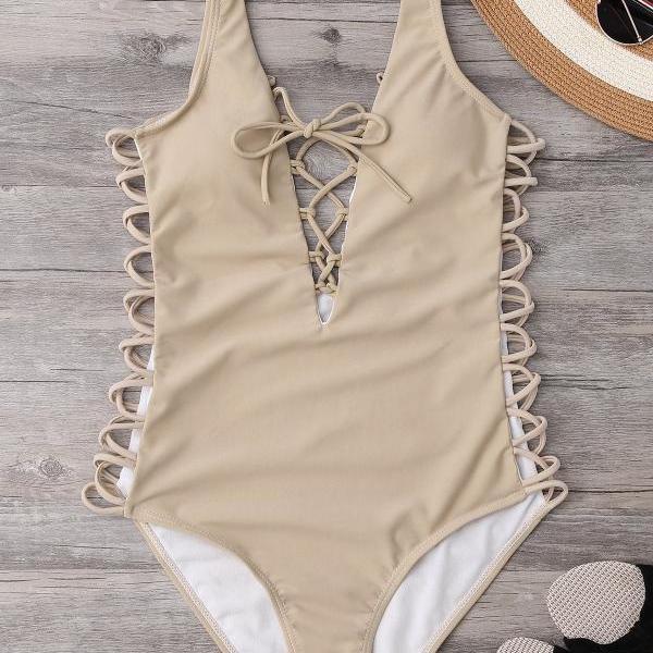 Lace Up Plunging Neck Swimsuit - Complexion M on Luulla