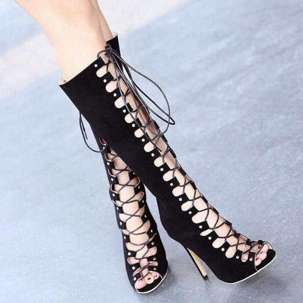 Knee- High Lace-up Peep To..