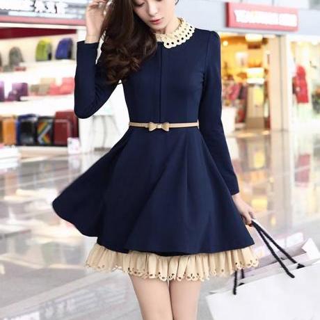 Nice Women's Long Sleeve Dress With Belt - Navy Blue on Luulla