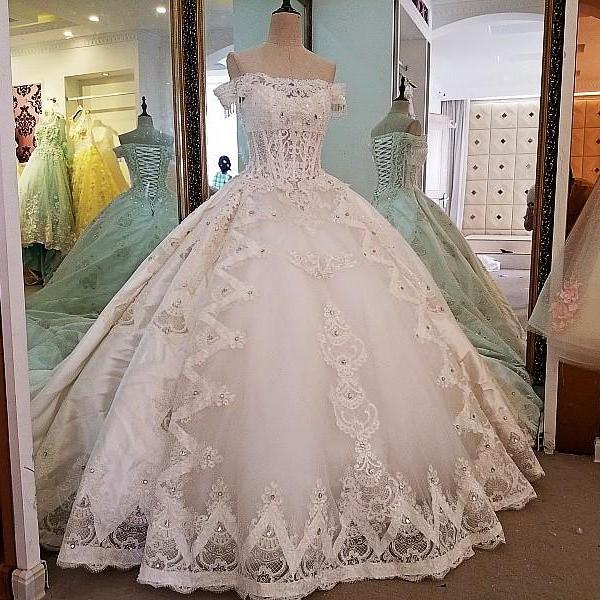  ivory bridal gown lace beading off the shoulder ball gown lace wedding dress 