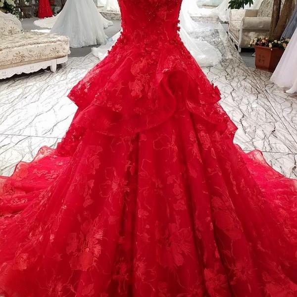  lace flowers luxury generous spaghetti strap red evening dress 