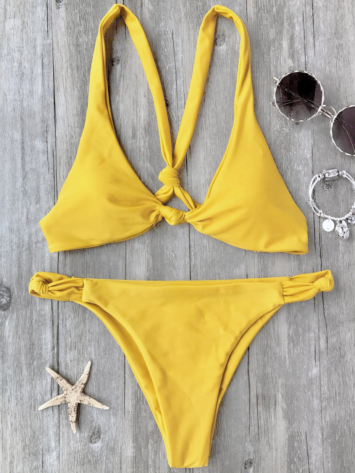 Knotted Padded Scoop Yellow Bikini Set on Luulla