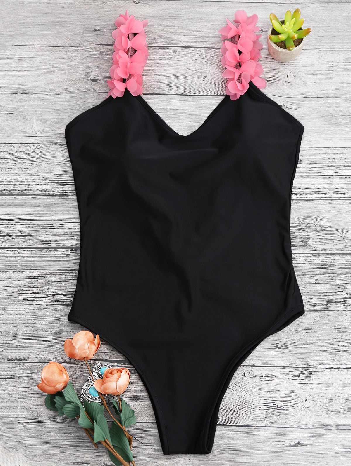 3D Floral Straps Open Back Swimsuit - Black One Siz on Luulla
