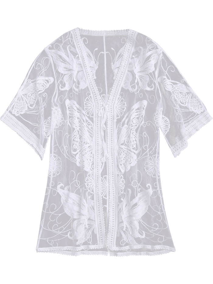 Butterfly Embroidered Sheer Kimono Cover Up White One Size on Luulla