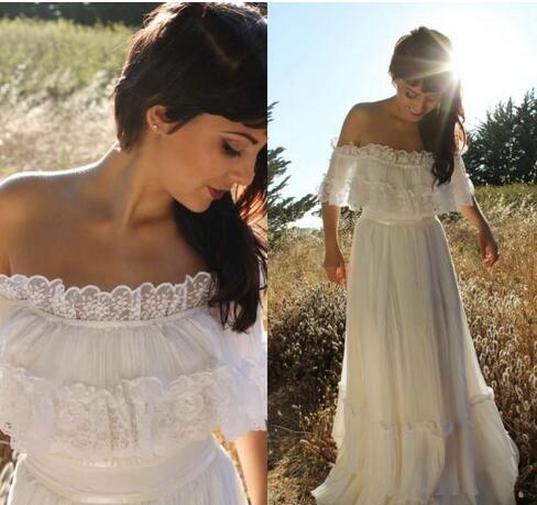 2018 Vintage Country Style Bohemian Wedding Dress Off The Shoulder 2018 Vintage Country Style Bohemian Wedding Dress Off The Shoulder Lace Trim Chiffon Beach Garden Boho Bridal Gowns Full Length