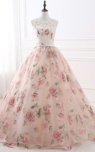 Flowers Pearls Pattern Appliques Organza Floor Length Ball Gown ...