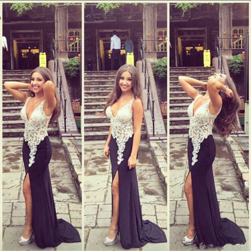 Prom Dress New Mermaid Dresses V Neck Sleeveless Cover Back Prom Dress New Mermaid Dresses V Neck Sleeveless Cover Back Sweep Train Chiffon And Lique Split Side Party Formal Wedding